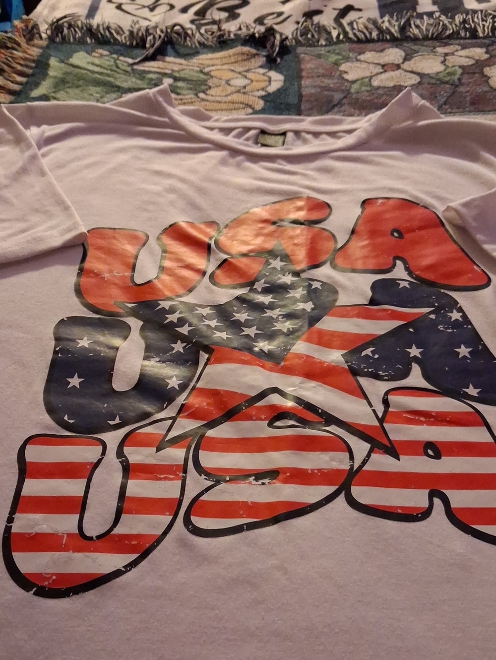 SHEIN White Short-Sleeve Womens Tee with USA Flag Graphic
